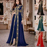 2022 new retro muslim women dress ethnic print long sleeve stand collar embriangle elegant two piece temperament dresses