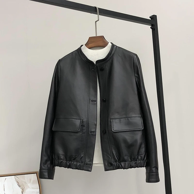 Nerazzurri Spring black short leather jacket women long sleeve buttons Elastic soft light faux leather jackets for women pockets