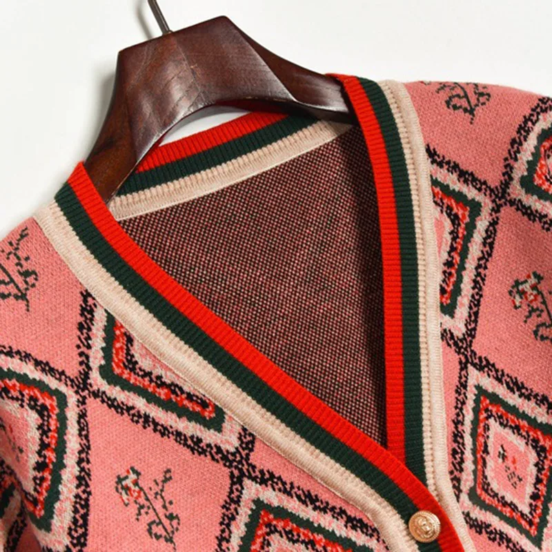 Женский жаккардовый кардиган в стиле ретро с ромбами вязаное пальто-свитер