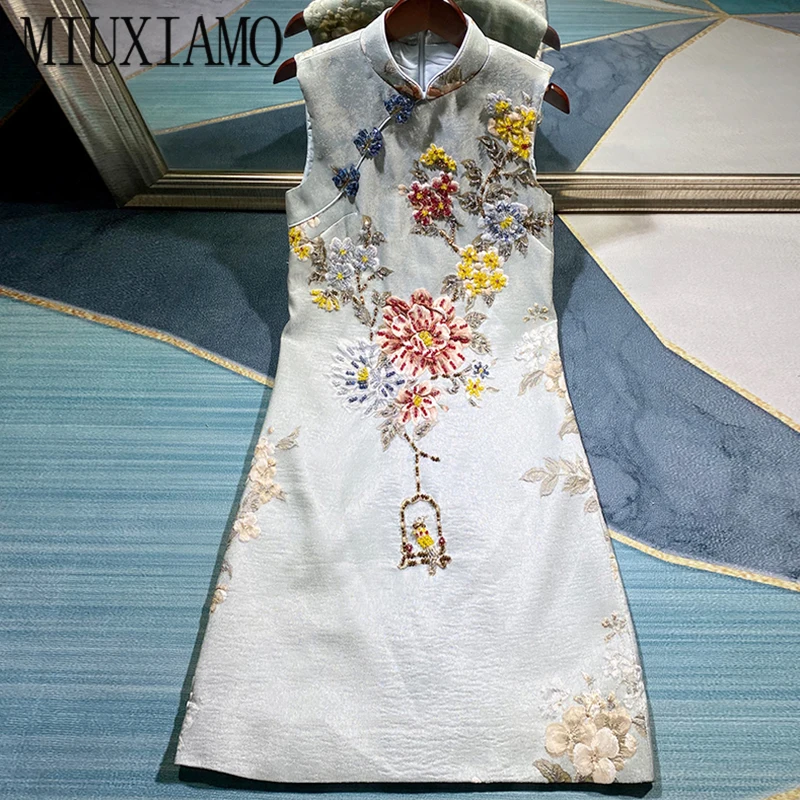 MIUXIMAO роскошное осеннее платье 2020 праздничное с цветами бриллиантами выше колена