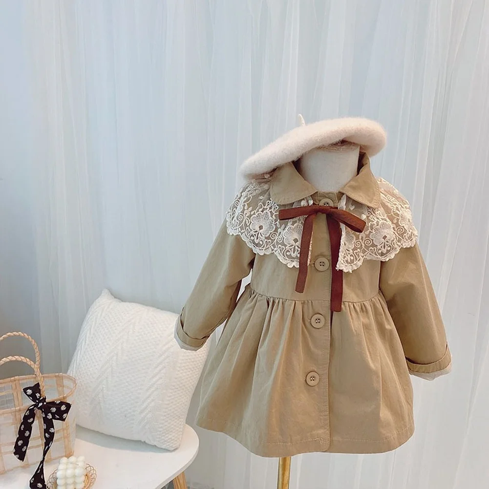 

2021New Children Mid-length paragraphBow Trench Coat Girls' Solid Color Fashion Lace Spring Autumn Baby Kids Casual Clothes