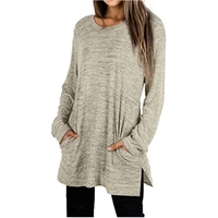 womens clothing split fork long sleeve solid color sweatshirt pullovers hoodie spring o neck fashion casual loose tunic tops