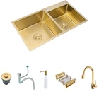 Ручной 2 кухонные чаши раковины с золотым Слива мульти Размеры двойной золотой Кухня Раковина кран SUS 304 Нержавеющаясталь 80x45cm