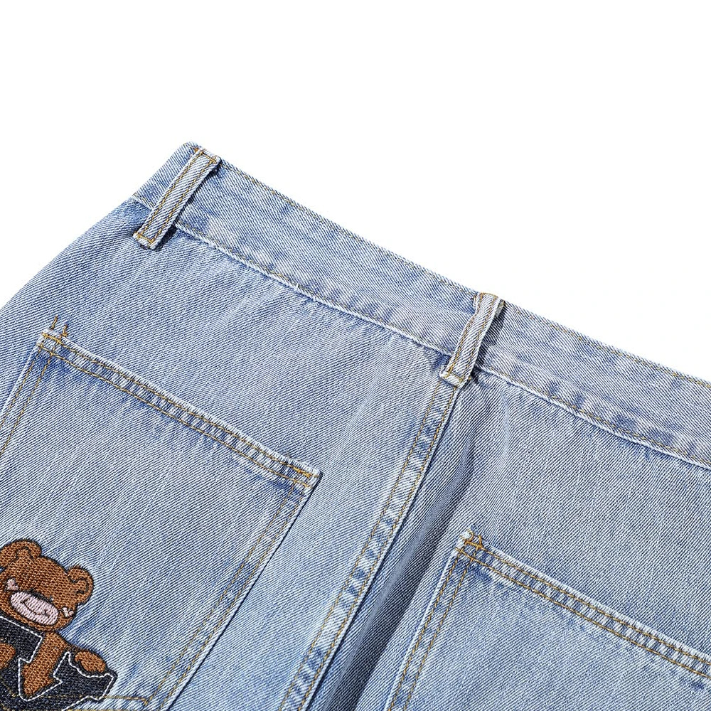 2021 Korean Fashion Cartoon Bear Embroidery Stylish Men Vintage Jeans Trousers Hip Hop Straight Women Wash Denim Pants For Teens