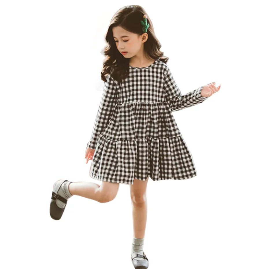 Платье для девочки модное клетчатое платье плиссированное с длинным рукавом