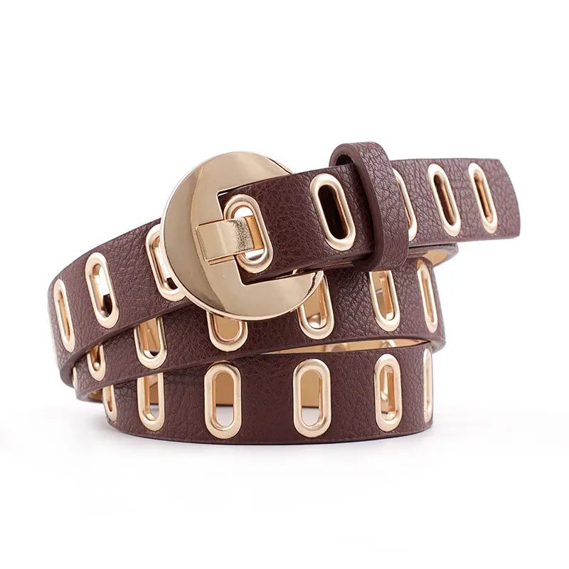 

PU Leather Casual belt Punk Rock Leather Belt Adjustable Hole Personality belt Hollow Out Women Belt Gold Grommet Pin Buckle