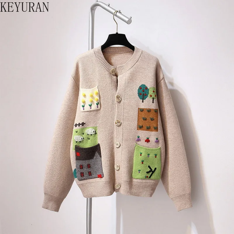 

Women Knitted Cardigan 2021 Fall Winter Korean Japanese kawaii Cartoon Long Sleeve Sweater Female Casual Loose Jacket Coat Tops