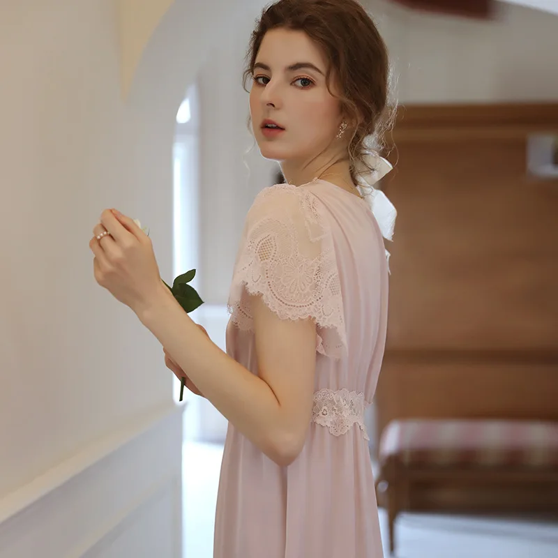 Roseheart Women Homewear Pink Sexy Sleepwear Nightdress V Neck Lace Nightwear Long Luxury Nightgown Female Court Gown Sweet