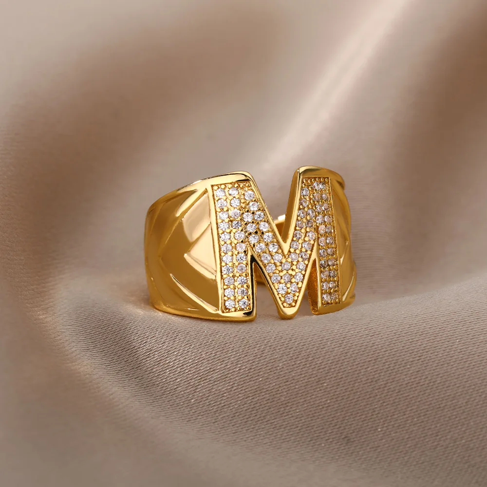

Gothic Zircon Initial Letter Rings For Women Men Gold Adjustable Letters Couple Ring Luxury Christmas Party Jewelry Bague Femme