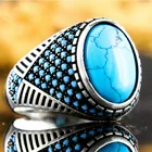 Турецкое винтажное большое овальное натуральное кольцо с бирюзовым камнем ручной работы для мужчин и женщин в стиле ретро, золотой, серебряный цвет, синий бисер, свадебный браслет, подарок