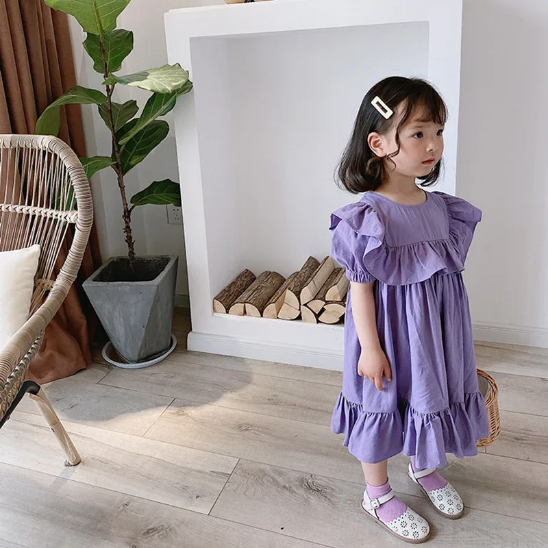 

2021 Spring Summer Puff Sleeve Ruffles Dress Kids Girls Cute Casual Princess Solid Color Dresses