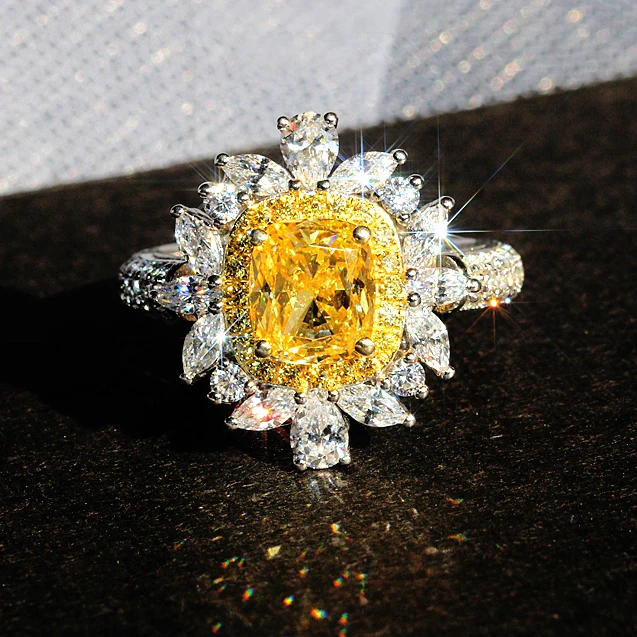 

Luxury Female Big Yellow Zircon Ring 100% Real 925 Sterling Silver Engagement Ring Vintage Bride Square Wedding Rings For Women
