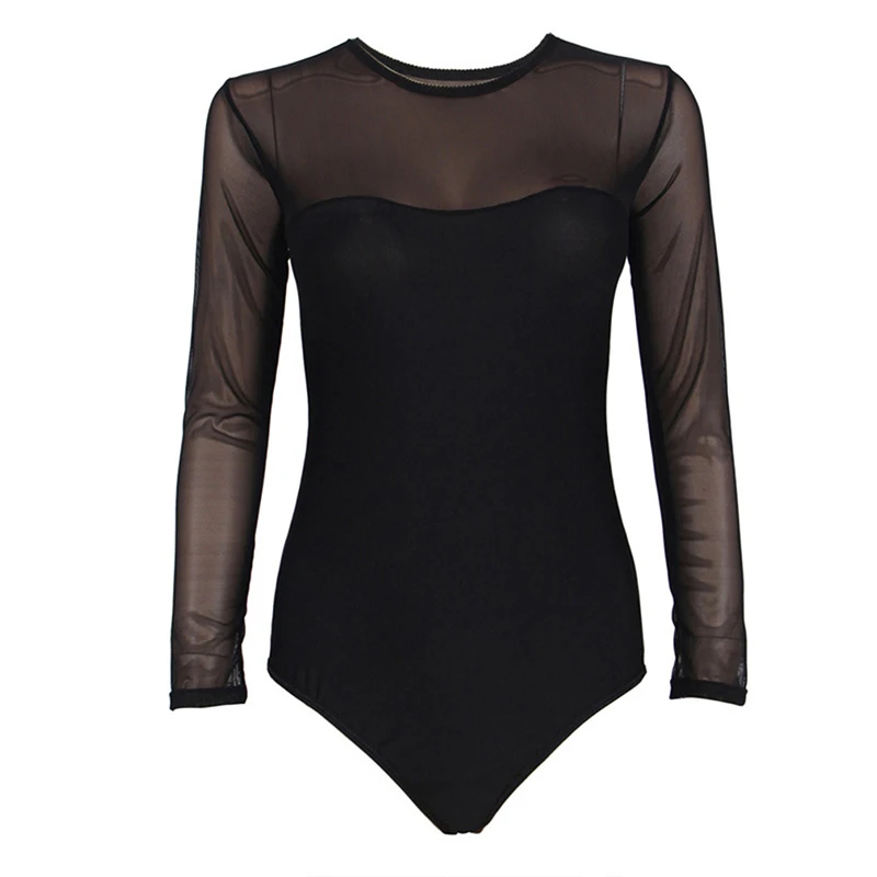 Women Bodysuits Solid Long Sleeve Lace Stitching  One Piece Bodysuit  Sheer Mesh Leotard O Neck  Bodi Femme Dantelle