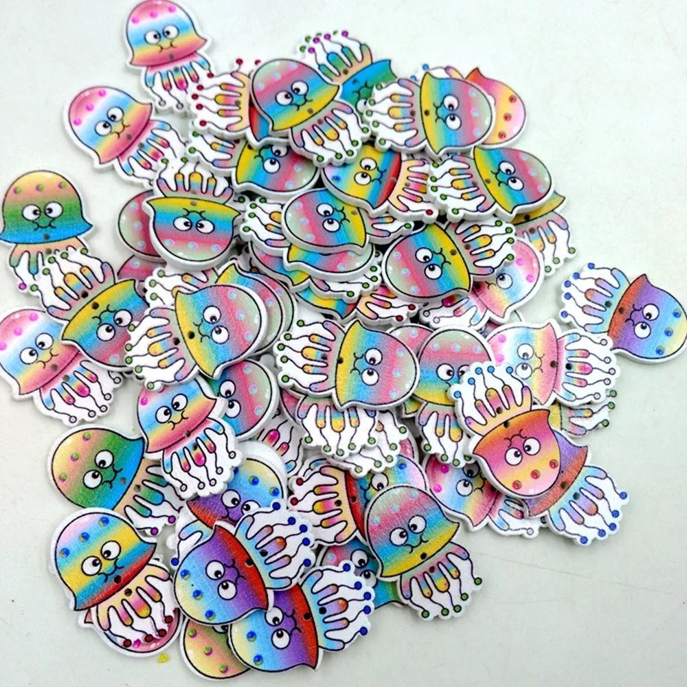 100 шт многоцветные милые Мультяшные Медузы деревянные пуговицы с рисунком 2