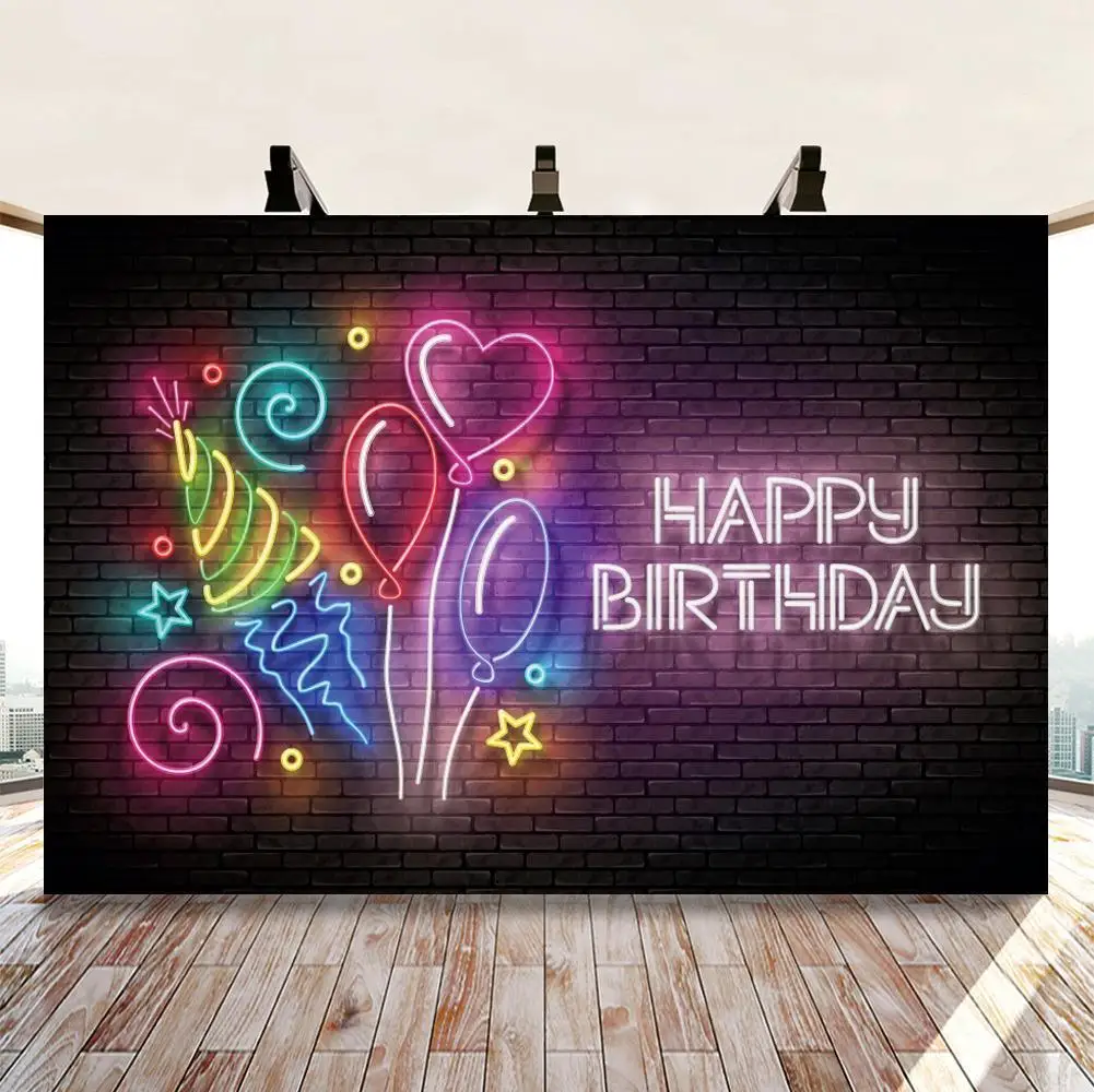 

Retro Red Brick Wall Lights Balloon Happy Birthday Photo Background Kids Adult Portrait Art Photo Photography Backdrops