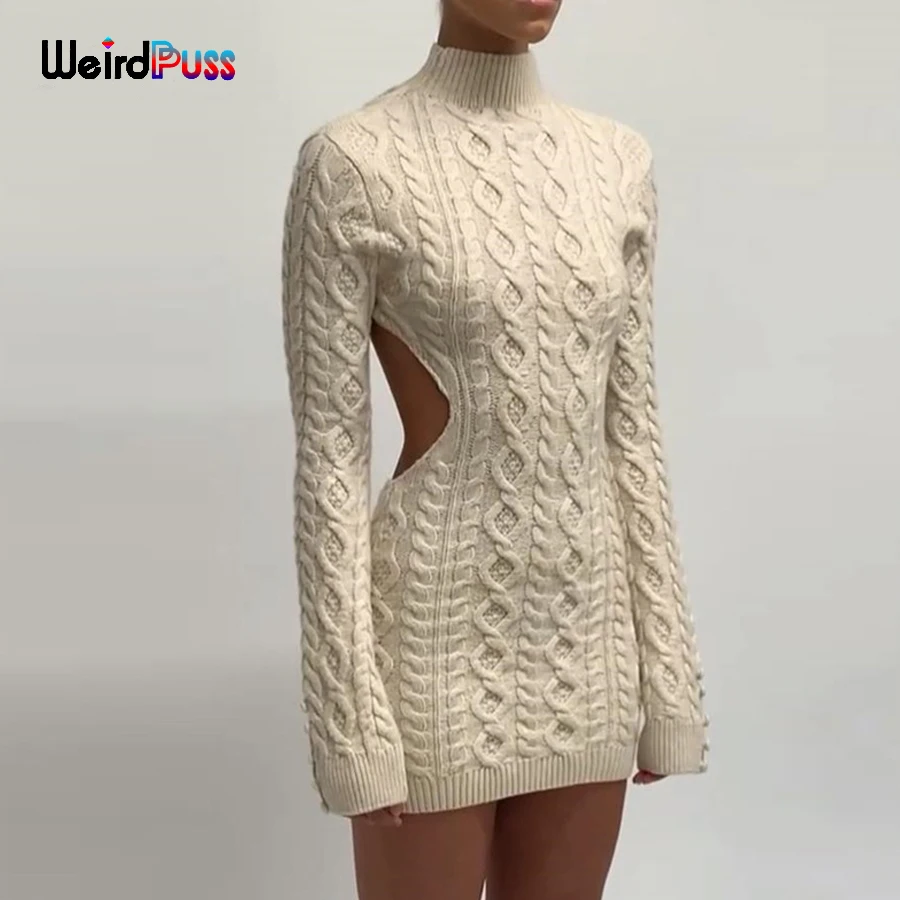 

Weird Puss Chic Knitting Backless Sexy Mini Dresses Women Long Sleeve Turtleneck Stretchy Soft Bodycon Autumn Streetwear Outfits
