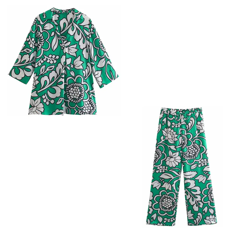 

Summer Woman Za 2021Print Shirt Suit Fashion Lapel Long Sleeve Single-breasted Shirt Tight Lacing Adjustable Wide Leg Pants Suit