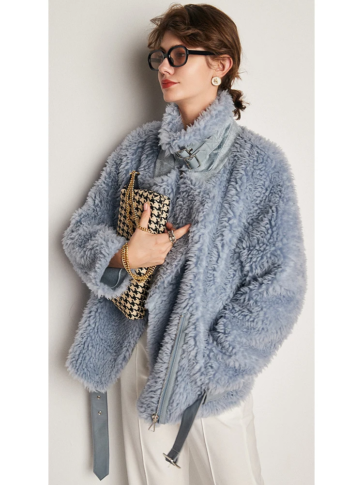 

Leather Lamb Genuine Jackets for Patchwork Wide-waisted Women Winter Warm Real Fur Coat pink blue