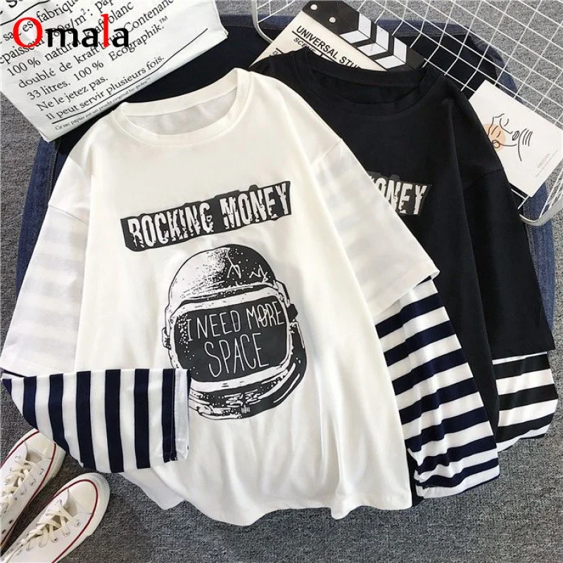 

Harajuku Female T-Shirts Autumn Women Long Sleeve t-shirt Casual Letter Printed Patchwork stripe Top Oversize black Streetwear