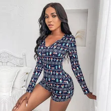 Pelele de Navidad para mujer, ropa de casa con estampado de manga larga, pantalones cortos con cuello en V, informal, para otoño y primavera (2)