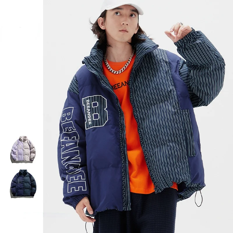 

Retro Striped Parkas Jacket Men Streetwear irregular Patchwork Thicken Jackets Women Stand Collar Oversized Winter Japanese Coat