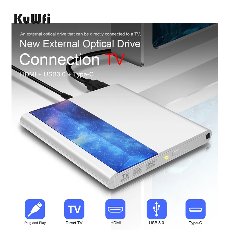 

KuWFi 100% Brand New External DVD Drive support Connecting TV Remote Control with USB 3.0 and Type C interface