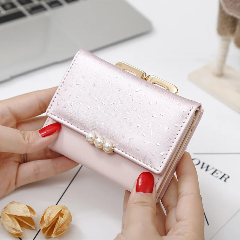 

2020 Pearl Element Trifold Women Wallets Short Soft Leather Ladies Purse Clamp Designer Coin Pocket Card Holder Female Wallet