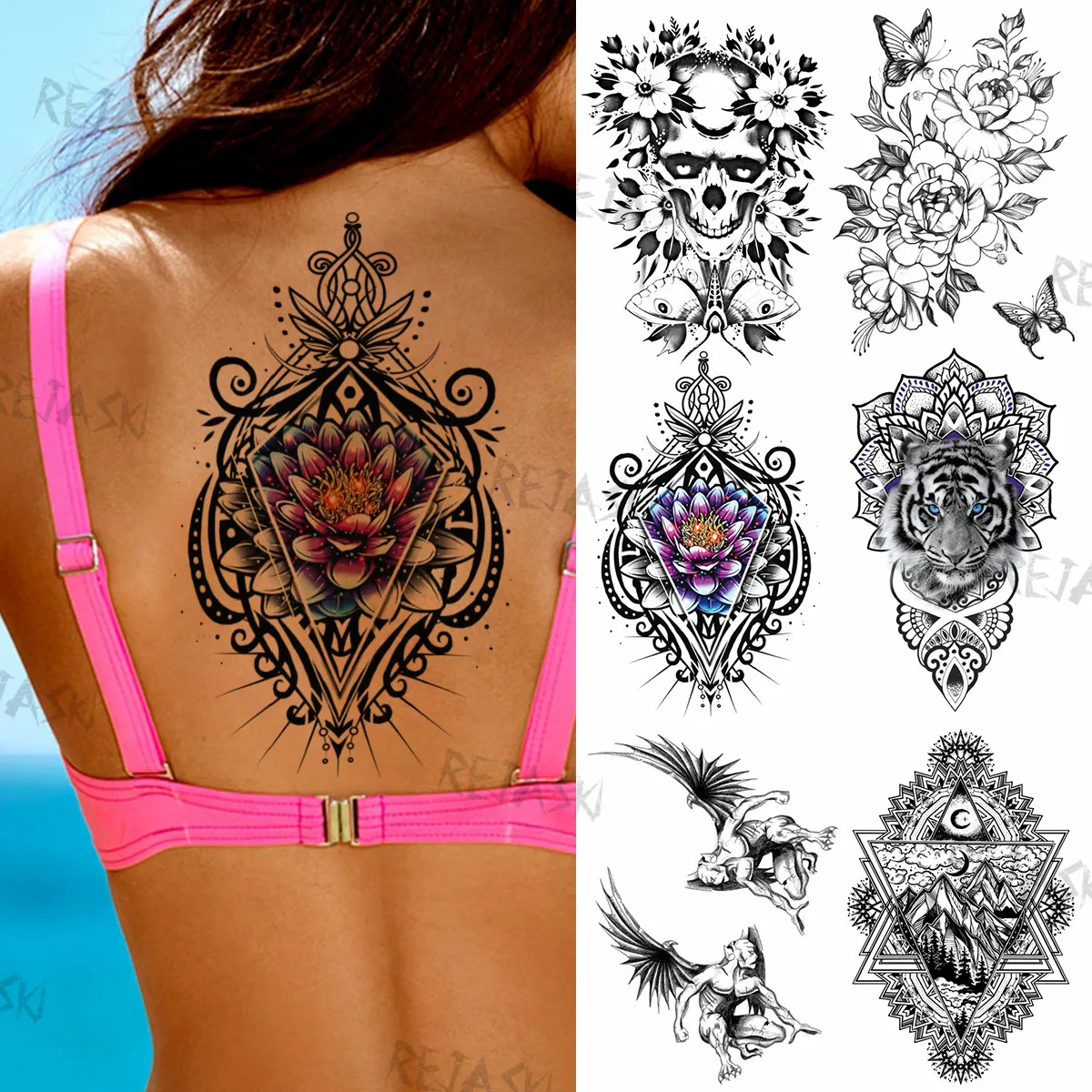 Тату Мандала Лотос временная для женщин и мужчин Череп цветок тигр хна Бабочка