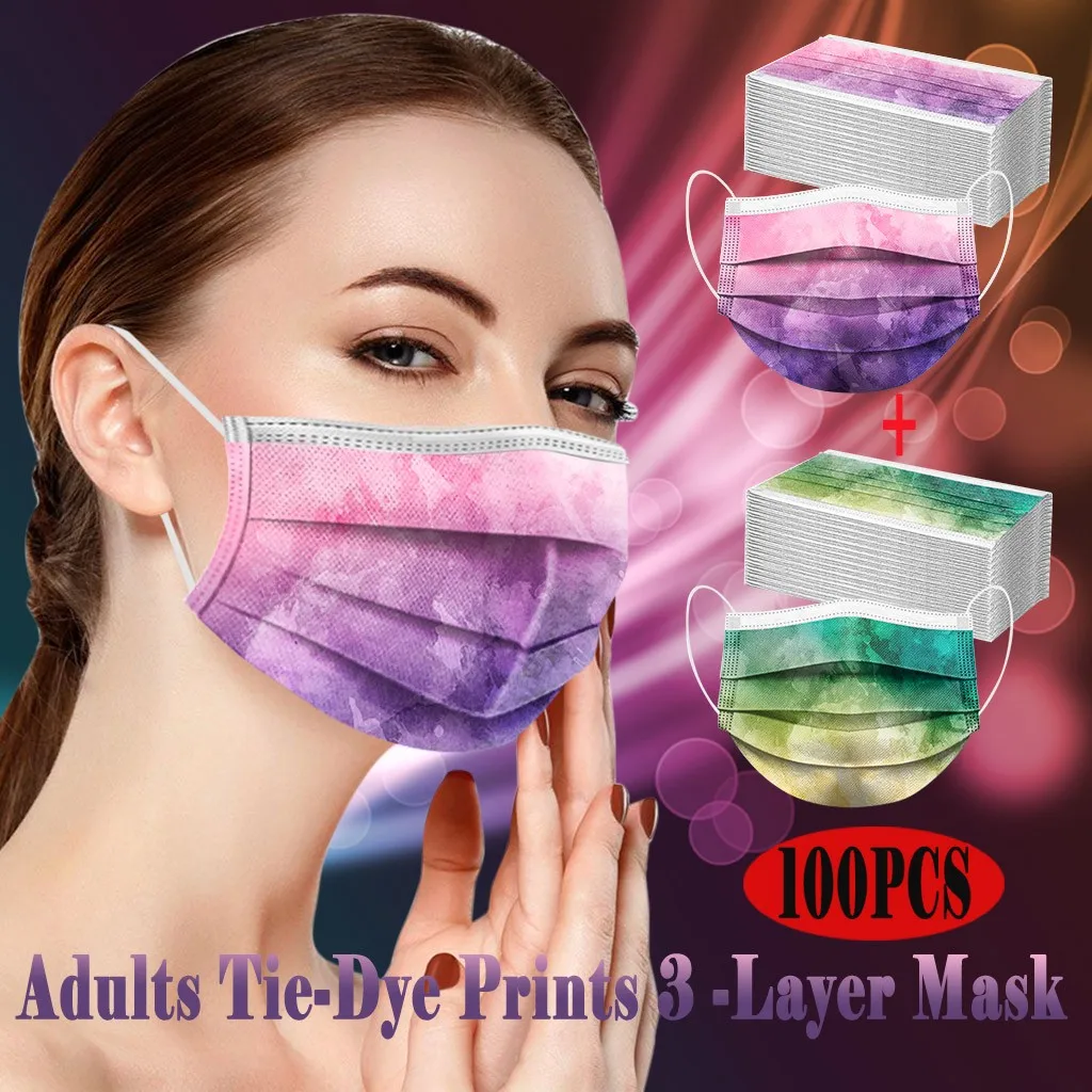 

100PCS Masks Adult Tie-Dye Mascarillas 3 Lay Breathable Face Mask Fashion Unique Prints Mouthcover Personality Disposable Masque