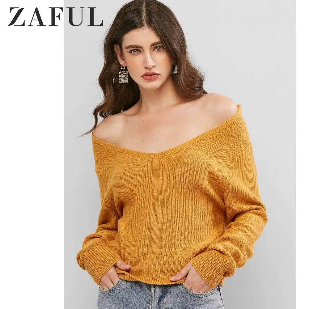 ZAFUL пуловер с v-образным вырезом на спине свитер открытой спиной и длинными
