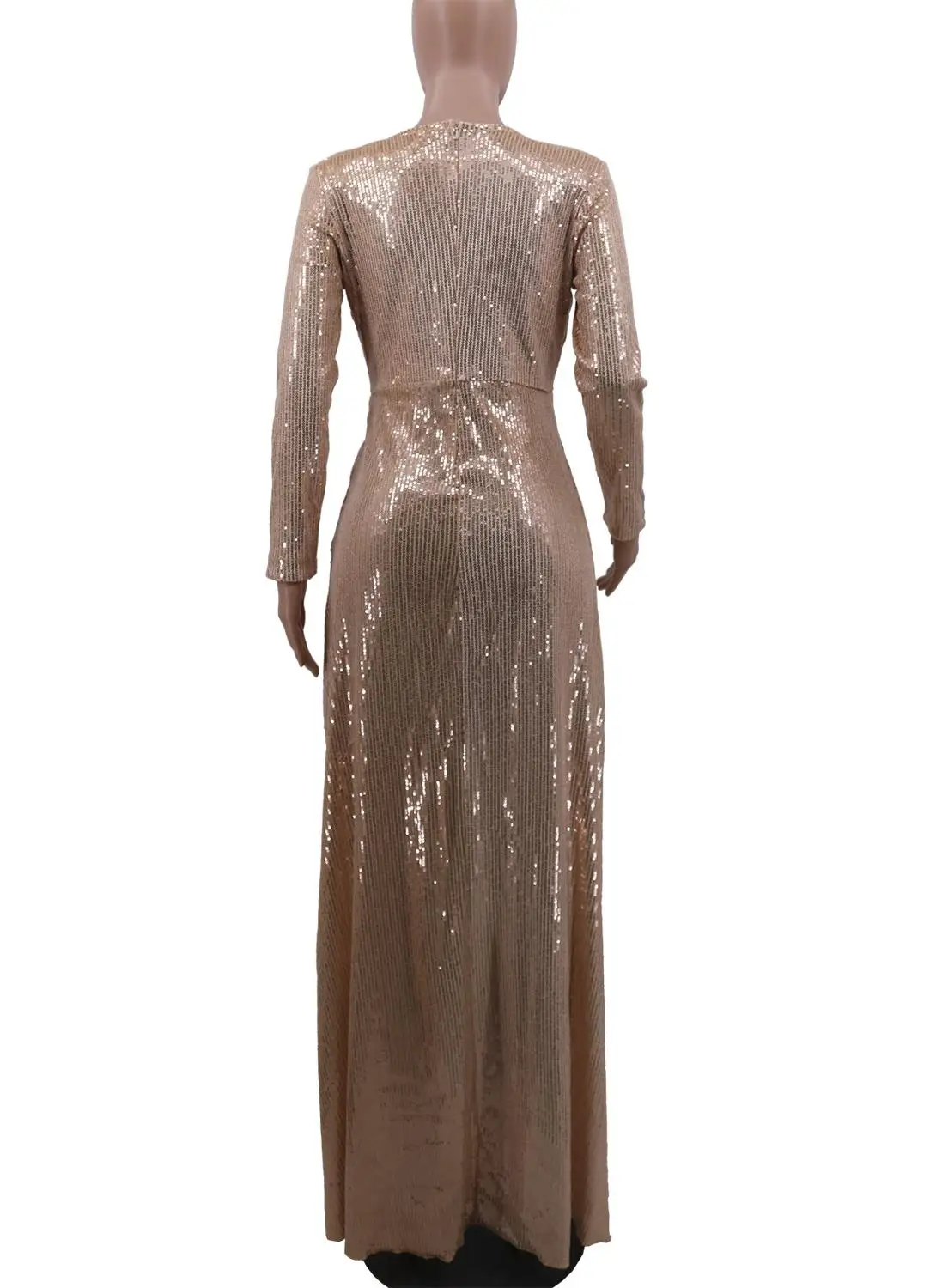 Элегантное длинное вечернее платье цвета шампанского с блестками v образным