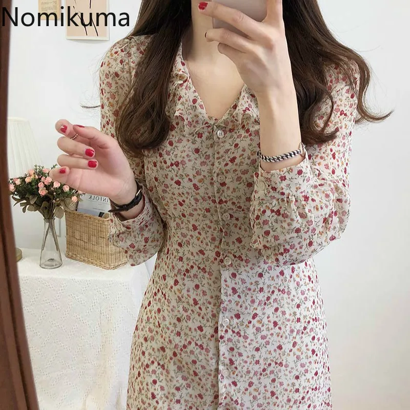 Женское винтажное платье с цветочным принтом Nomikuma приталенное однобортное