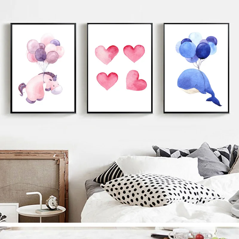 Плакат и печать на холсте для детей рисунок акварелью Кита слона лошади