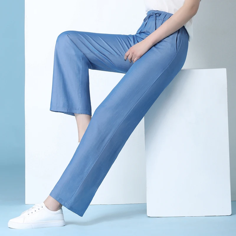 

Elastic drawstring high waist thin summer women pants wide leg loose solid cool casual Straight Leg female trousers plus size