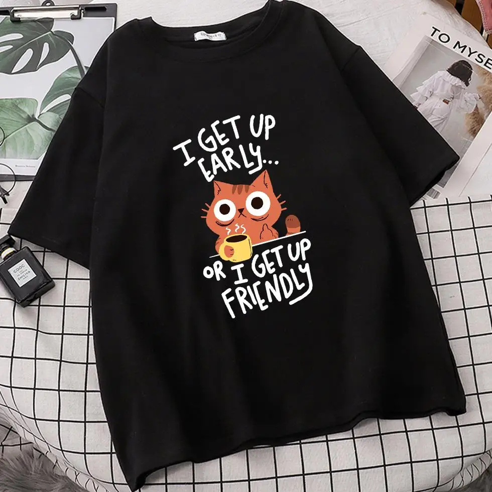 

Cat I встать рано, или я вставать на ощупь Для женщин Tumblr Ulzzang футболки Camisetas De Mujer топы; футболка Femme Roupas Femininas