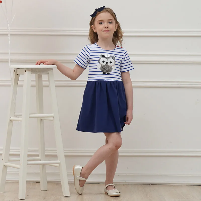 Dxton Summer Girl Clothing Sequined Girls Dress Unicorn Princess Stripe Short Sleeve Animal Kids for 3-8Year | Детская одежда и