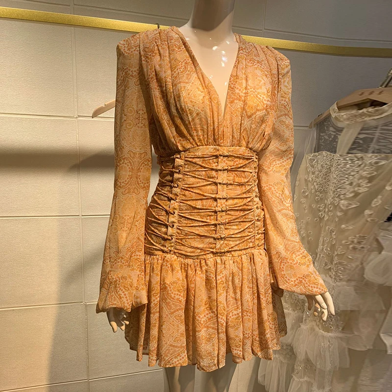 Платье корсет женское на шнуровке шифоновое платье туника с цветочным принтом