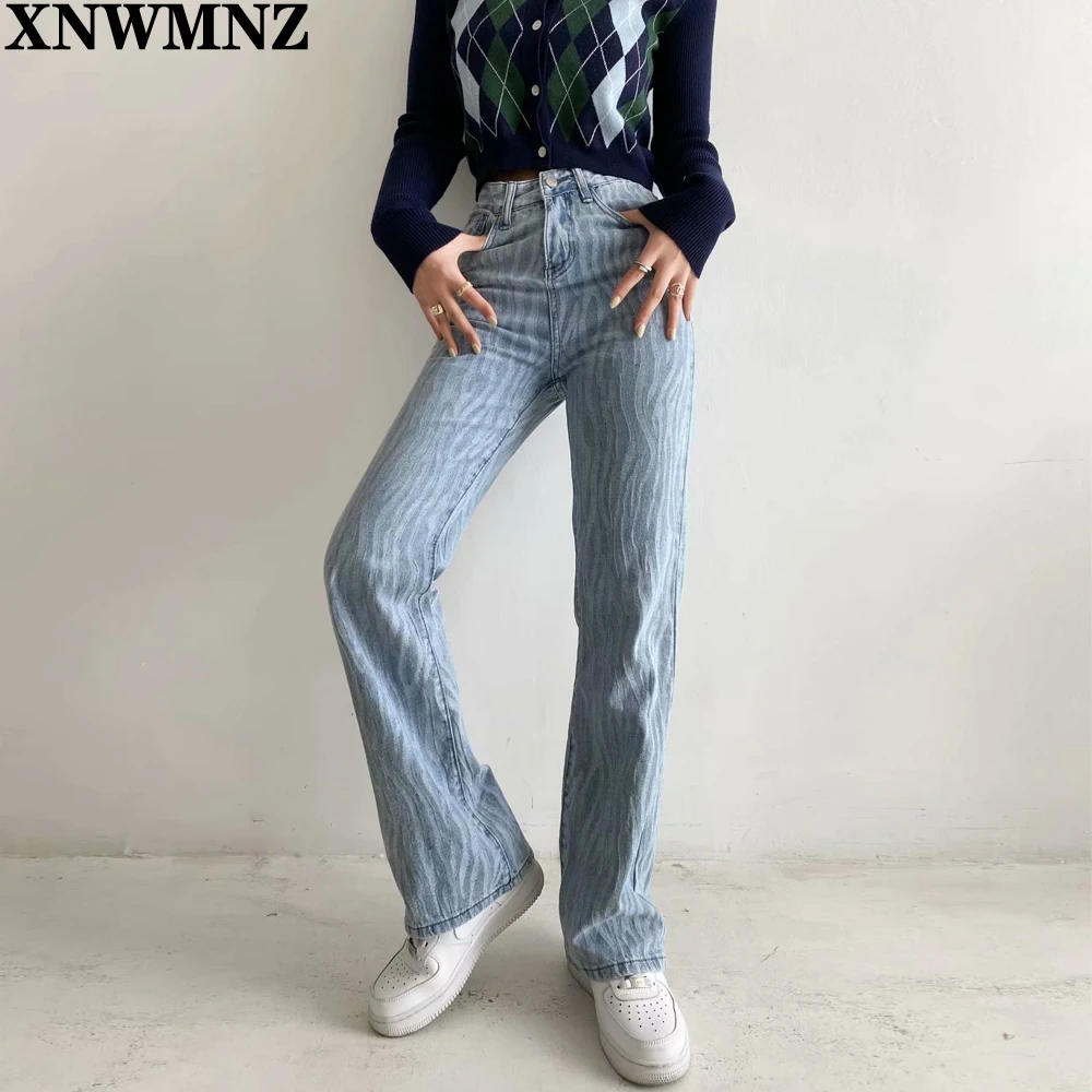 

XNWMNZ 2021women stripe Jeans Trousers 90s Vintage Woman High Waist Denim Wide Leg Pants Korean Fashion Blue Mom Jeans Femme