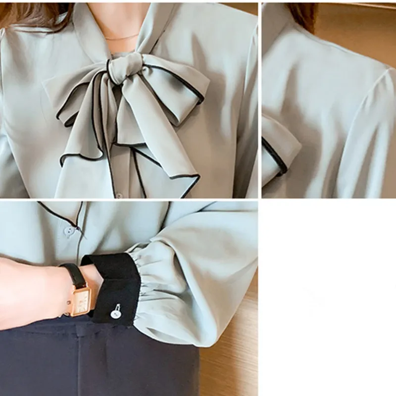 

Korean Women Blouses Chiffon Blouse for Women Long Sleeve Shirts Tops Plus Size Woman Ribbon Shirt Woman Bow Tie Blouses Shirt