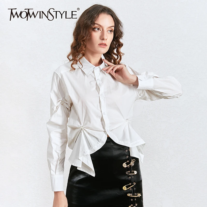 Женская рубашка TWOTWINSTYLE белая с длинным рукавом и отложным воротником|Рубашки| |