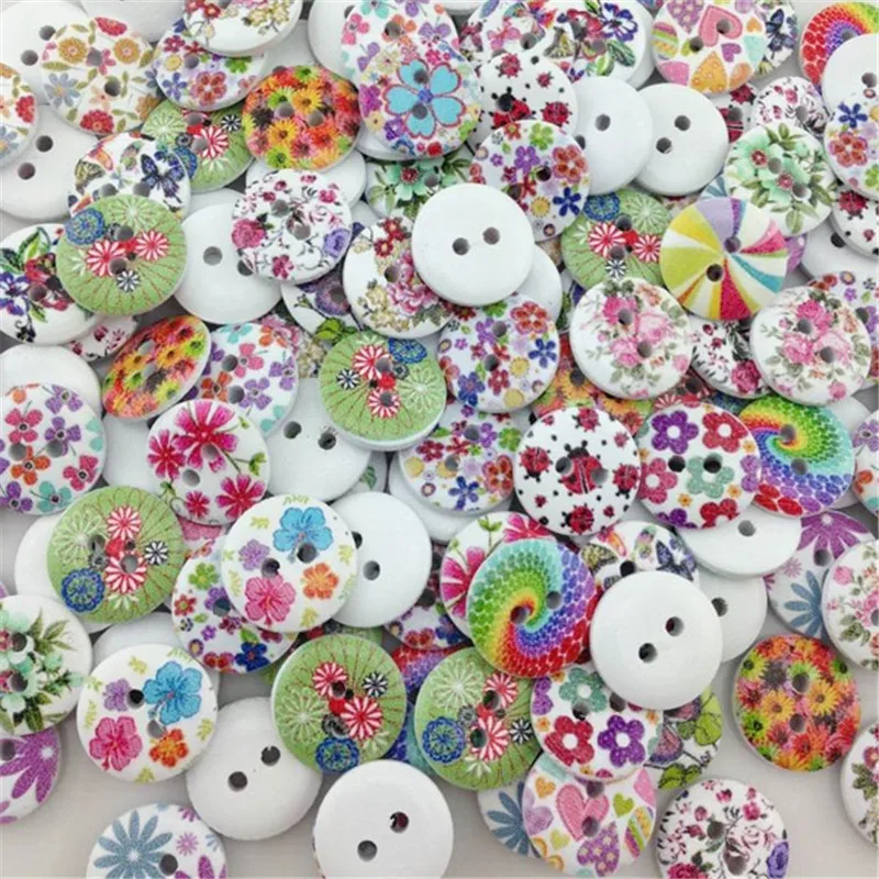 

50pcs 2 Hole Printing Flowers Round Wood Buttons Home Clothing Decor Sewing Scrapbooking Card Making DIY 15mm WB05