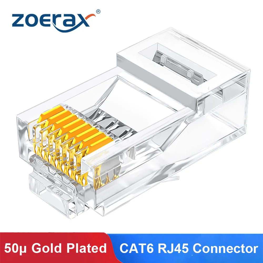 

ZOERAX CAT6 RJ45 Connector, 50μ Gold-Plated UTP Modular Plug 8P8C Crimp End Ethernet Connector for Solid Wire Stranded Cable