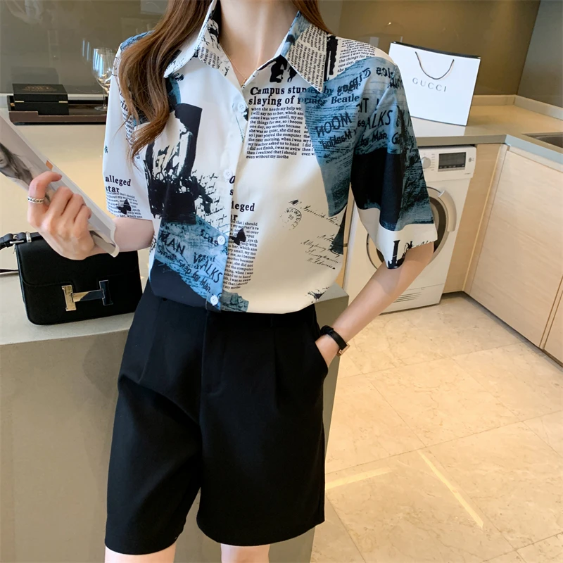 

Women Blouses Vintage Printing Short Sleeve Chiffon 2021 Summer New Style Lady Elegant Chic Sweet Office Female Loose Shirt Tops