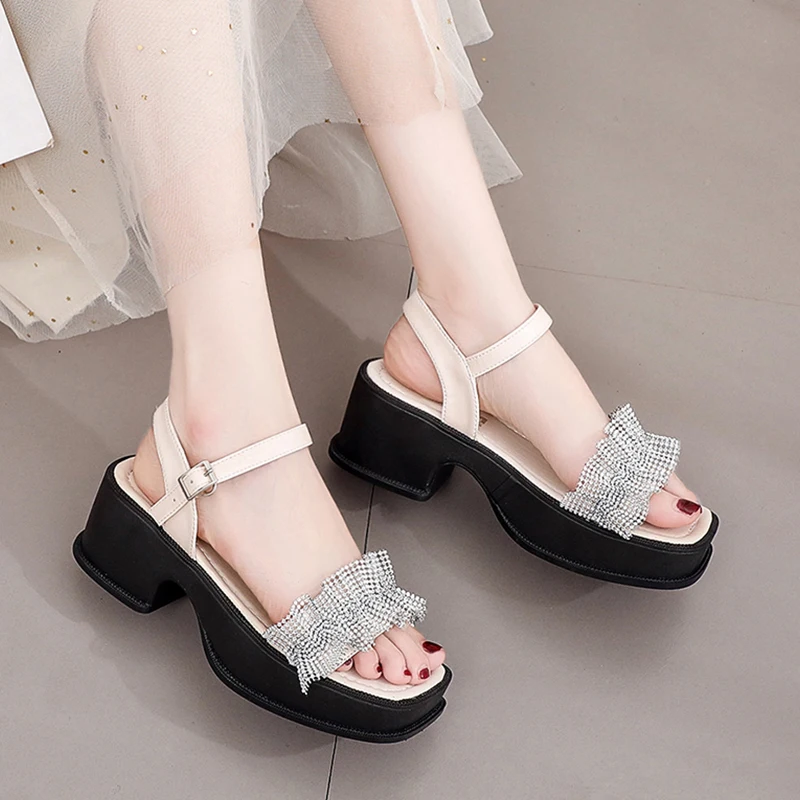 

Comfort Shoes for Women High Heel Sandals Med Buckle Strap Suit Female Beige Clogs Wedge High-heeled 2021 Fashion Clear Block Me