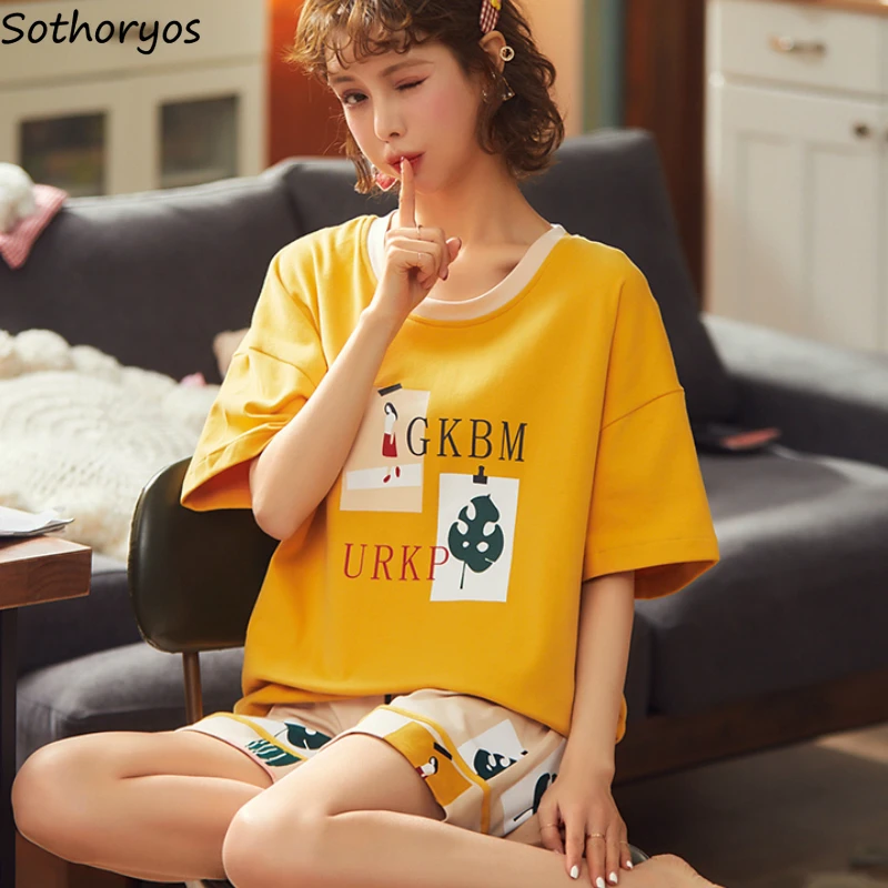 

Pajama Sets Women Summer Cartoon Printed Korean Style Fashion Cozy Leisure Sleepwear Chic 2pcs Set New Females Ulzzang Kawaii