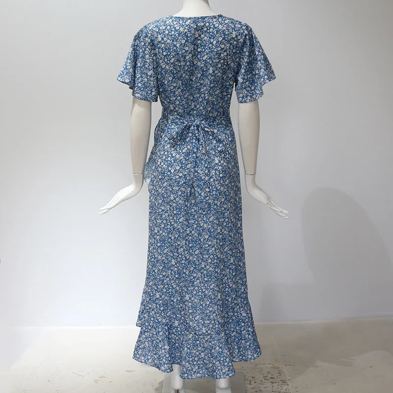 

Casual Female Floral Beach Dress V-neck High-waisted Chiffon Lace Up Split Dresses Sundress For Women Robe Rz*