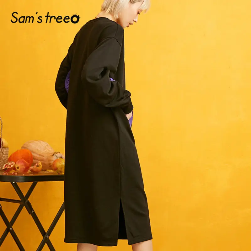 SAM'S TREE/серые однотонные Прямые повседневные толстовки с капюшоном; женское платье; осень г.; черное лоскутное платье с рюшами на рукавах; повседневные офисные женские платья