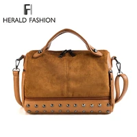 herald fashion large capacity leather female shoulder bag women top handle bags with rivets retro motorcycle tote bags 2019 hot