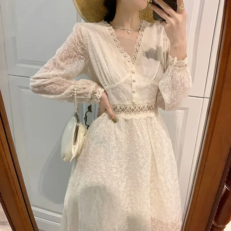 

New Women Elegant Prom Voile Dresses Sweet & Embroidery Mesh Dress Perspective Swing Full Sleeves Lace Mid-calf Dress