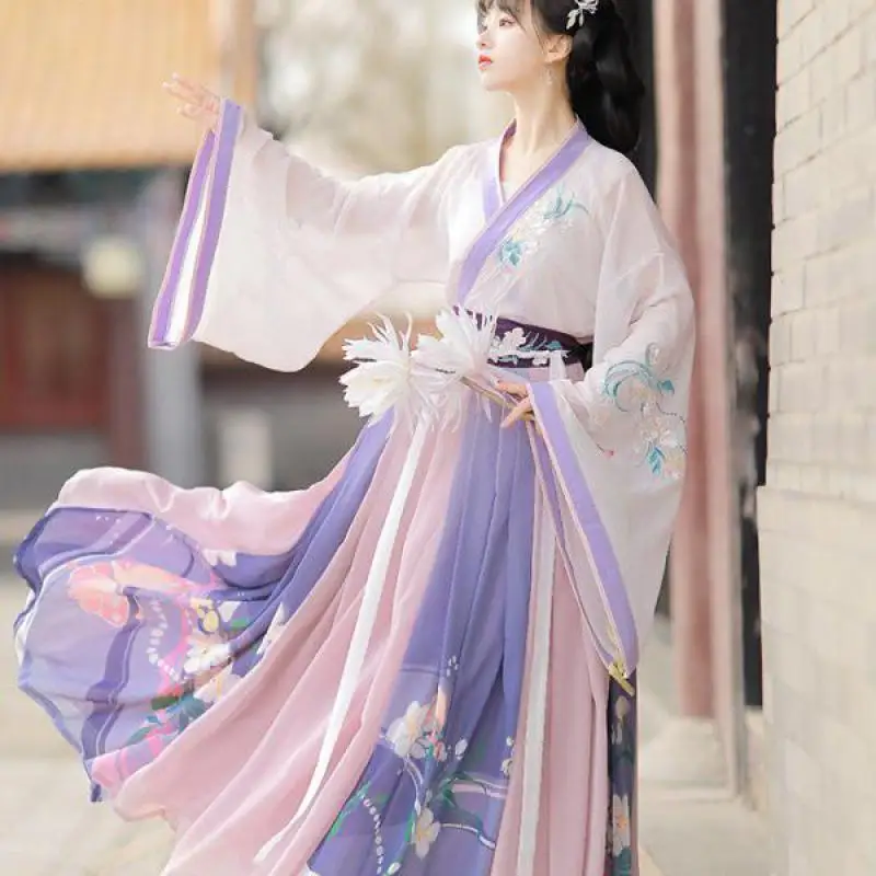 Traditional Cross Collar Hanfu Dress Women Cosplay Jin Dynasty Costume Embroidery Flower Fairy Folk Dance Dress Performance Suit
